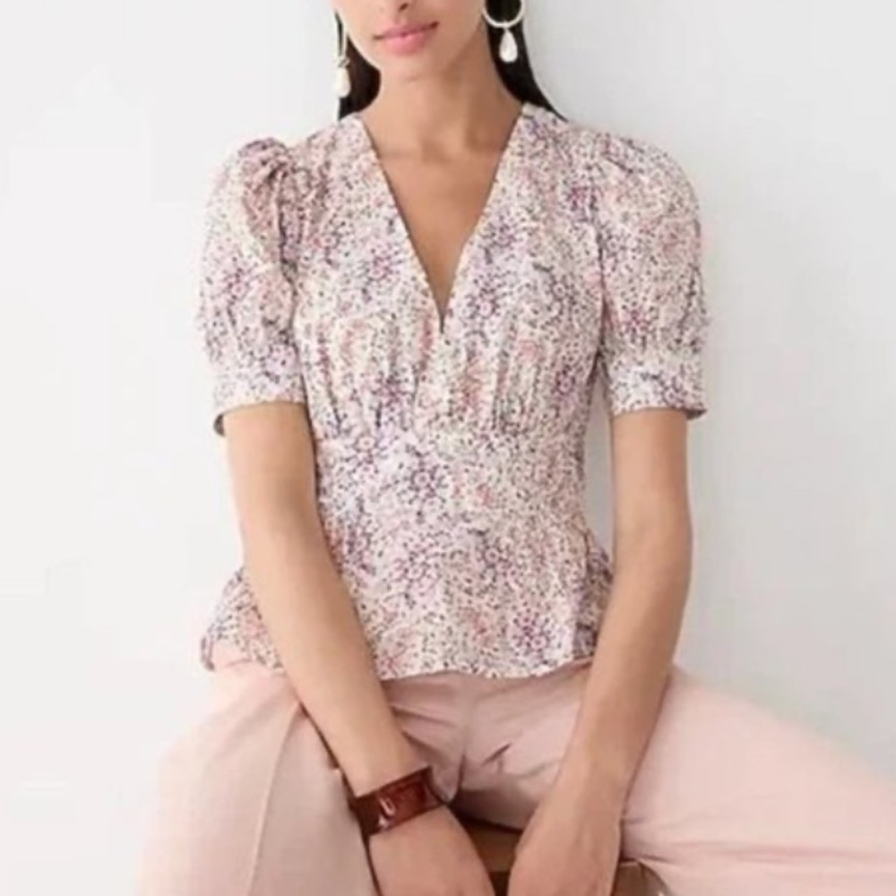 J. Crew Puff-Sleeve V-Neck Top in Ratti Paisley Garden, size 12